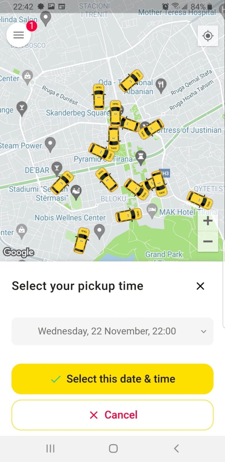 book a taxi - select pickup time