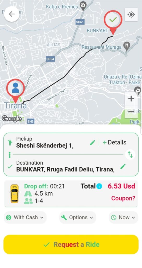 Bunkart direction details with the Vrapon taxi app