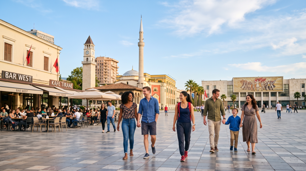 Tourists enjoying a safe walk through Skanderbeg Square in Tirana, Albania.